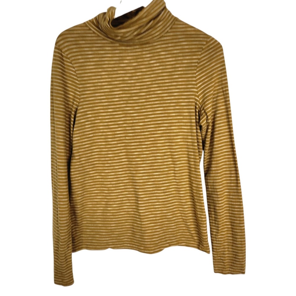 PACT Shirt Womens Medium Yellow White Striped Turtleneck Long Sleeve Stretch Top